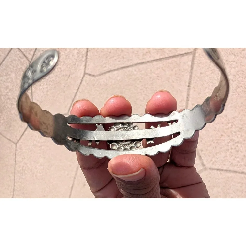 VTG Navajo Nickel Silver & Turquoise Cuff Bracelet Stamped Horses 15.8g Native A